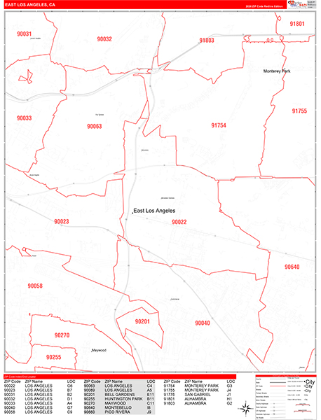 East Los Angeles Zip Code Wall Map